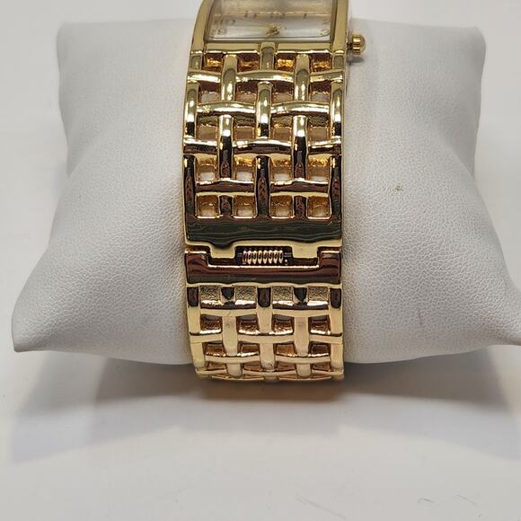 Basket Weave Gold Tone Cuff Bracelet Wristwatch Watch Adjustable Workwear Casual - Picture 4 of 9